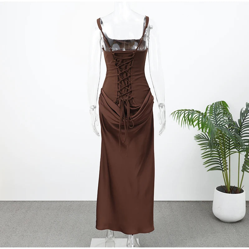 Solid Pleated Sling Dress Women Square Neck Sleeveless Backless Waist Cinching Bodycon Dresses Lady Summer Evening Party Gowns