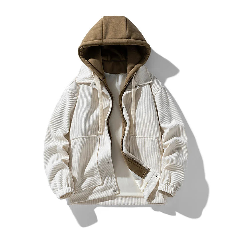 2025 New Corduroy Jacket Men's Harajuku Japanese Windproof Warm Fake Two-piece Hooded Coat Womens Casual Loose Pocket Jacket 4XL