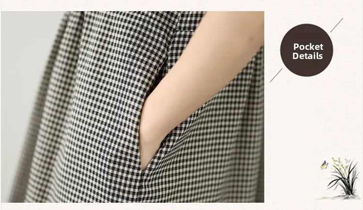 Retro Fashion Casual Plaid Dress Women Summer New V-neck Lace Splicing Loose Slimming Skirt over Knee Cotton Polyester Blend