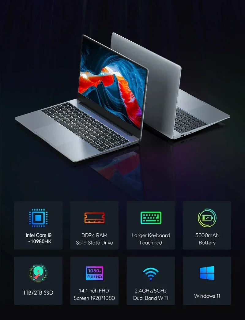 2026 New Portable Notebook Windows 11 14.1 Inch Gaming Computer PC Gamer Intel Core I9 10980HK Laptops I9 Study Work PC