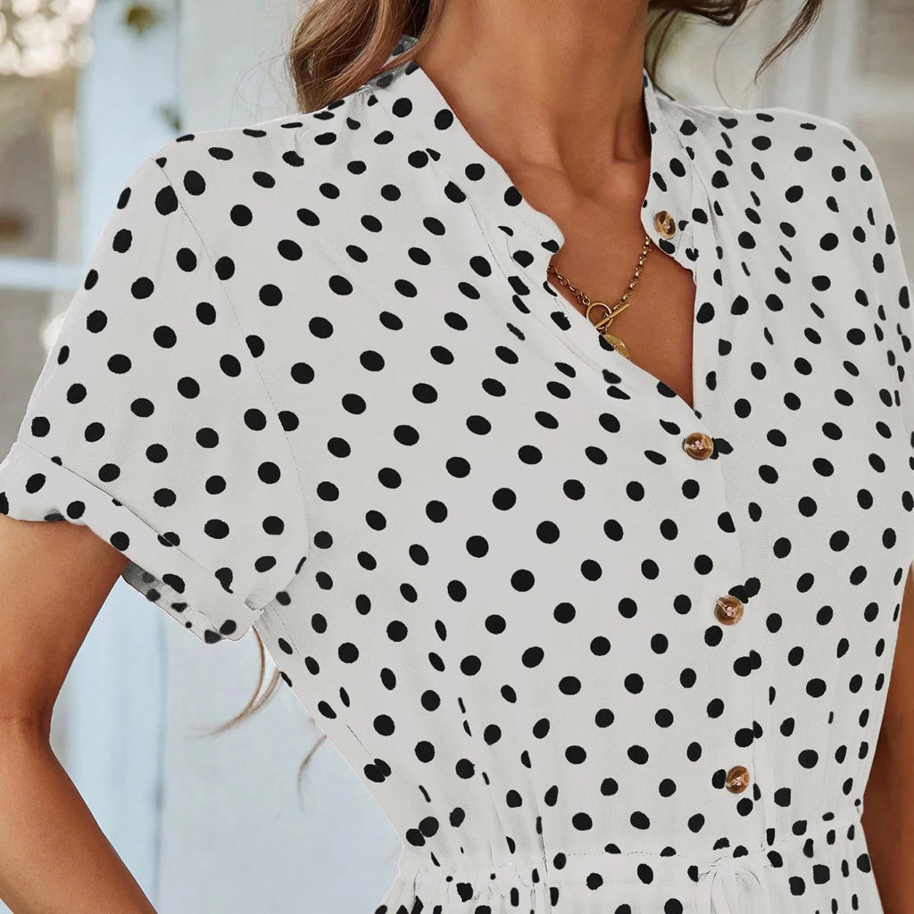 Elegant retro polka dot dress Women's Summer Midi Dress V Neck Single Breasted Short Sleeve Dresses Fashion Print Dress