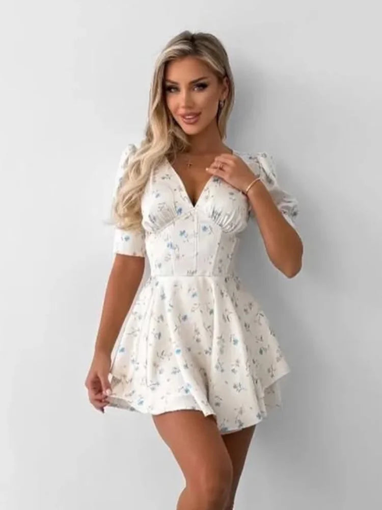 Satin Printed Mini Dress Women Elegant V Neck Puff Short Sleeve Waist-cinching A-line Dresses 2026 Summer Lady Party Robes
