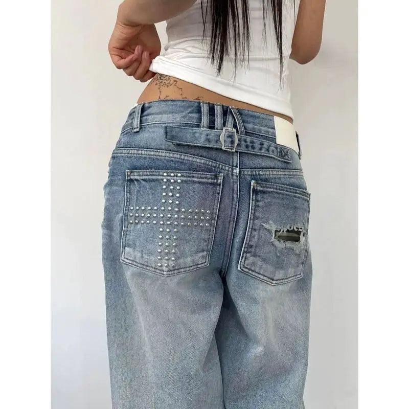 Summer Jeans Women Washed Distressed Rhinestone American Vintage Y2K Street Style Straight Loose Wide Leg Draping Jean Pants