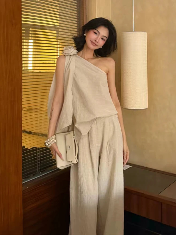 Elegant Off-Shoulder 3D Flower Top Women's Loose Casual Wide Leg Pants Two-Piece Set High Waist Long Pants Polyester Fiber