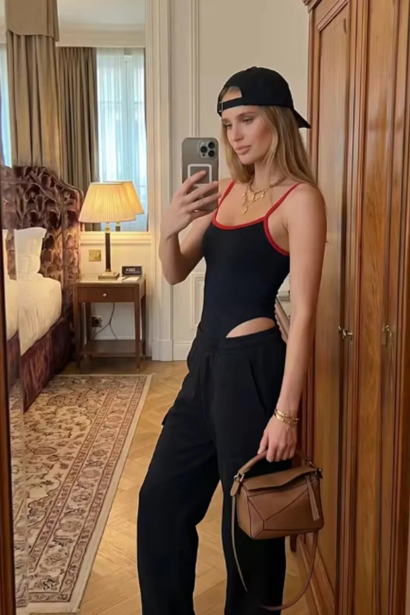 Women's Jumpsuit 2026 Summer New Cute Hot Girl Style Fashion Round Neck Color-Blocked Piping Straps Cotton Blend Fabric