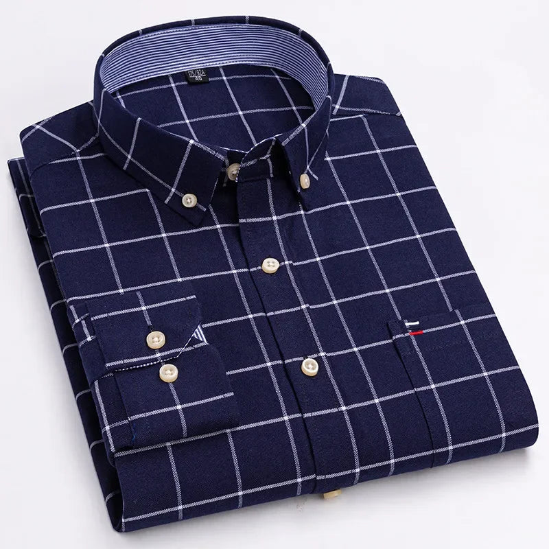 Men's 100% Cotton Smart Casual Shirt Long Sleeve Plaid Oxford Casual Solid Color Print Regular Fit Dress Shirt Oversized  6XL