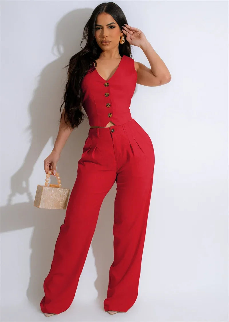 Fashion Elegant Two Piece Set for Women Workwear Office Lady Sleeveless Vest Single-breasted Top + Wide Leg Pants Business Suit