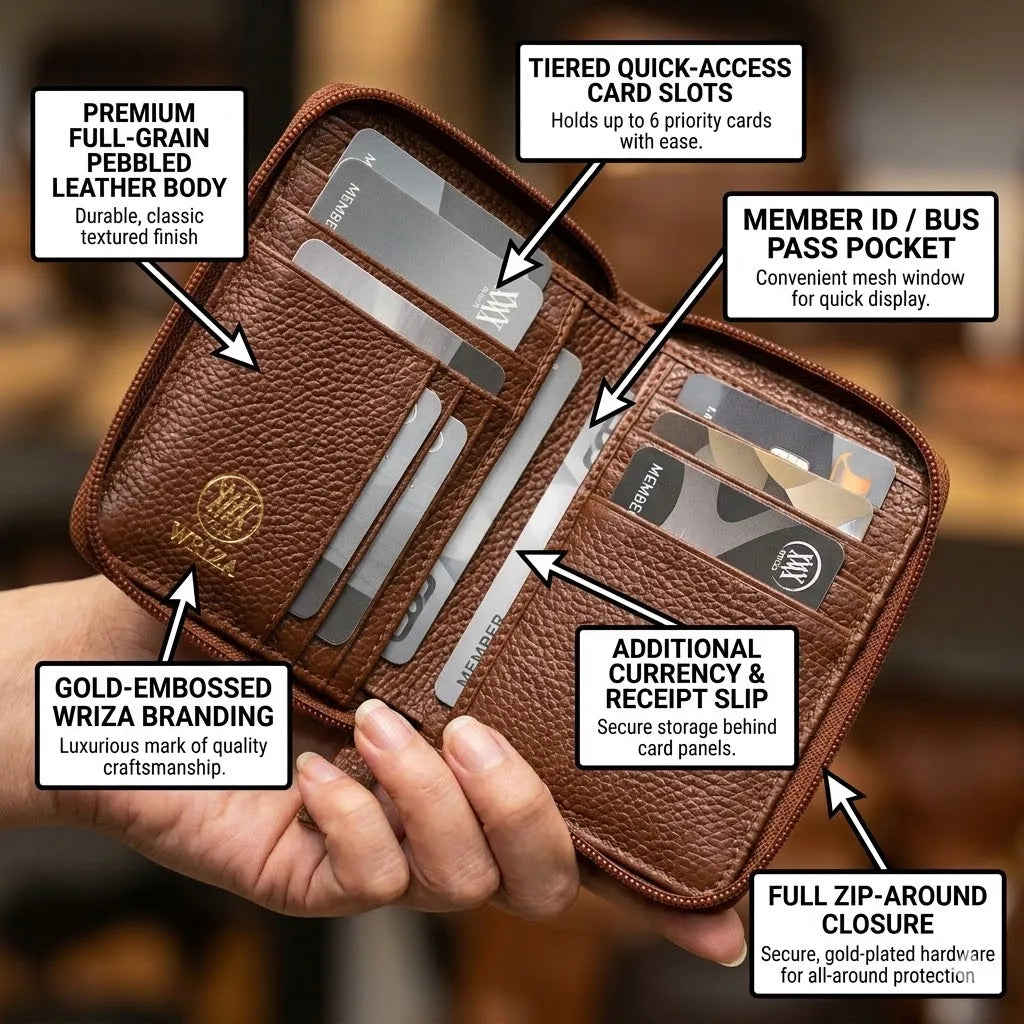 WRIZA Bi Fold Zipper Card Holder Genuine Leather with RFID Protection Slim Wallet with 10 Card Slots for Men and Women