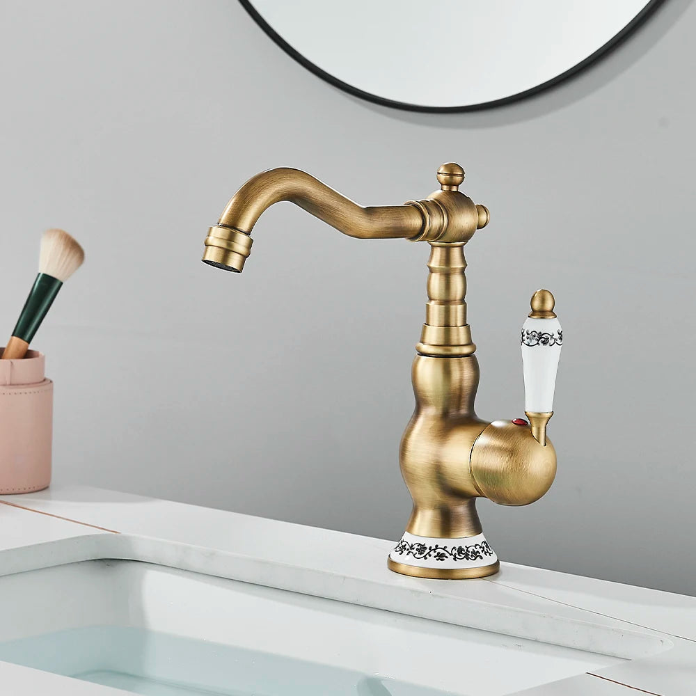 Antique Brass Bathroom Faucet Hot & Cold Mixer Tap Single Hole Single Lever Rotatable Ceramic Handle for Kitchen