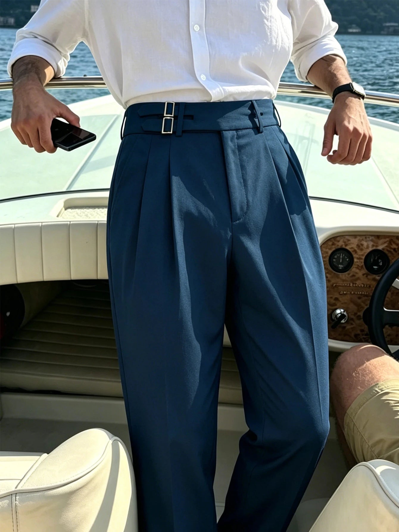 Men’s Solid Color Button Detail Naples Pleated High Waist Wide Leg Suit Pants, New Spring Autumn Elegant Light Business Trousers