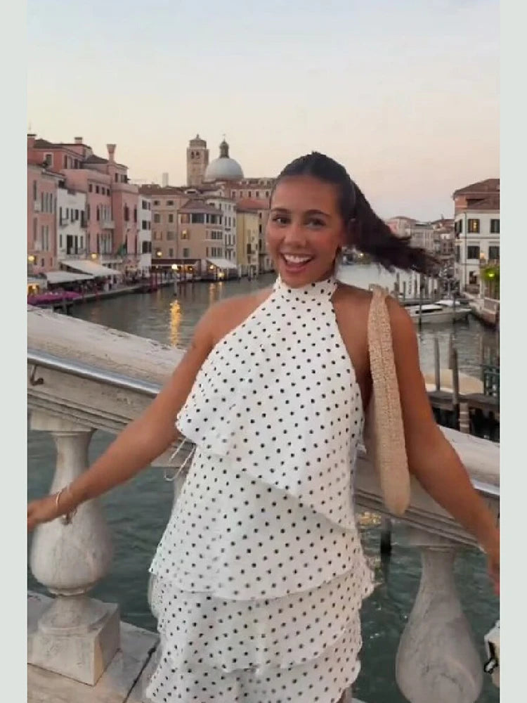 Sweet Chic Polka Dot Mini Dress Vintage Halter Neck Ruffle Tiered Layered Women Dresses Summer Vacation Party Stylish Streetwear