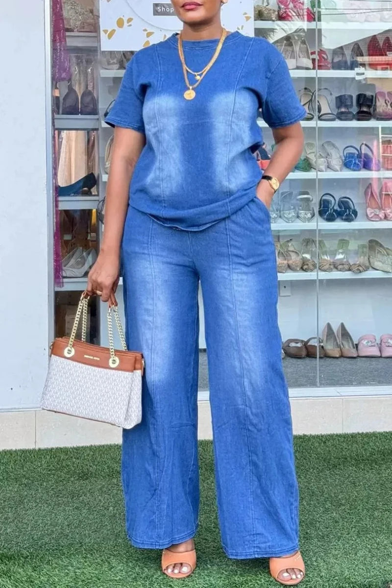 Fashion Women Two Piece Sets Denim Round Neck Short Sleeve Tops Casual Loose Wide Leg Long Pants Set High Waist Y2k Streetwear