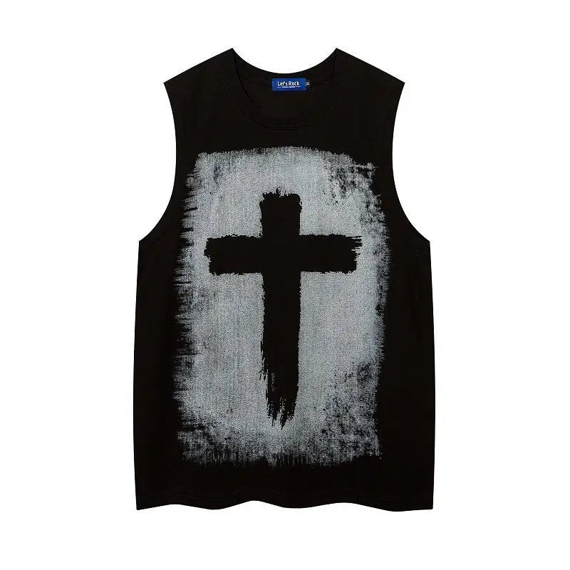 Men's Summer O-neck Sleeveless Short Sleeved Gothic Cross Printed Vests Trendy High Street American Retro Loose Casual Tank Tops