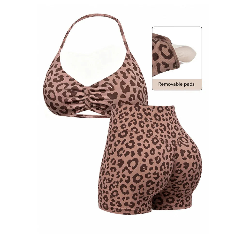 2 Piece Yoga Sets Leopard Dot Print Sporty Crop Top Bra High Waist Biker Shorts Set Yoga Outfit Workout Tracksuit For Women XP36