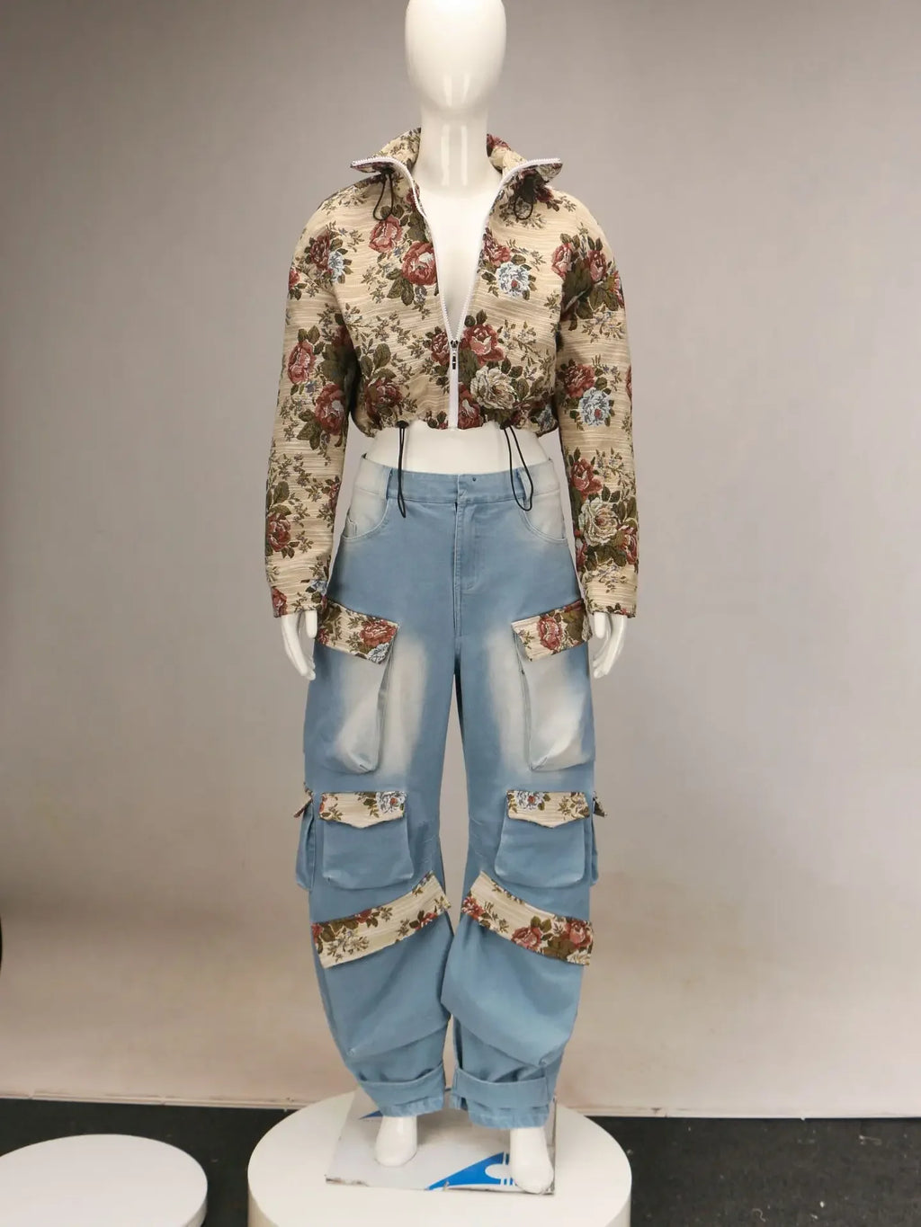 Washed Jeans Women's Set Full Sleeve Floral Jacket and Pockets Cargo Jeans Pants Suit 2025 Street Two 2 Piece Set Outfit