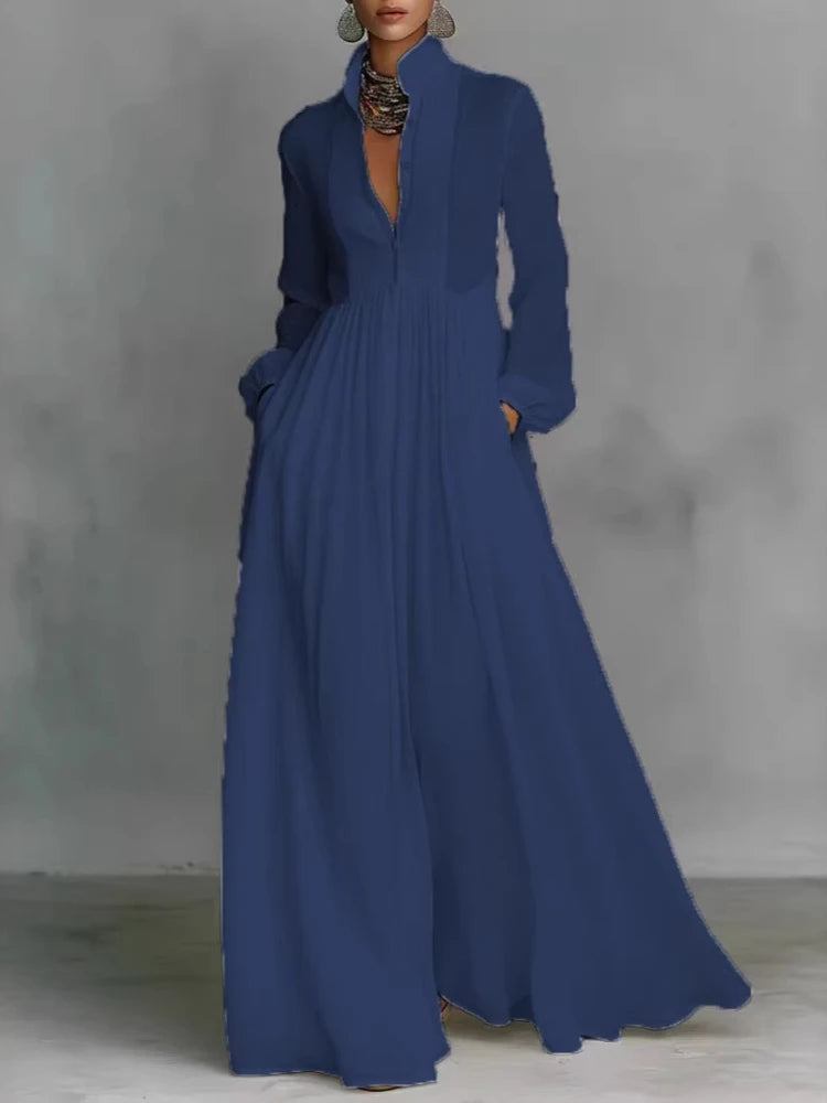 Elegant High Waist Swing Long Dress Woman Spring Solid Pockets Pleated Maxi Dress Spring Autumn Long Sleeve Button Evening Dress