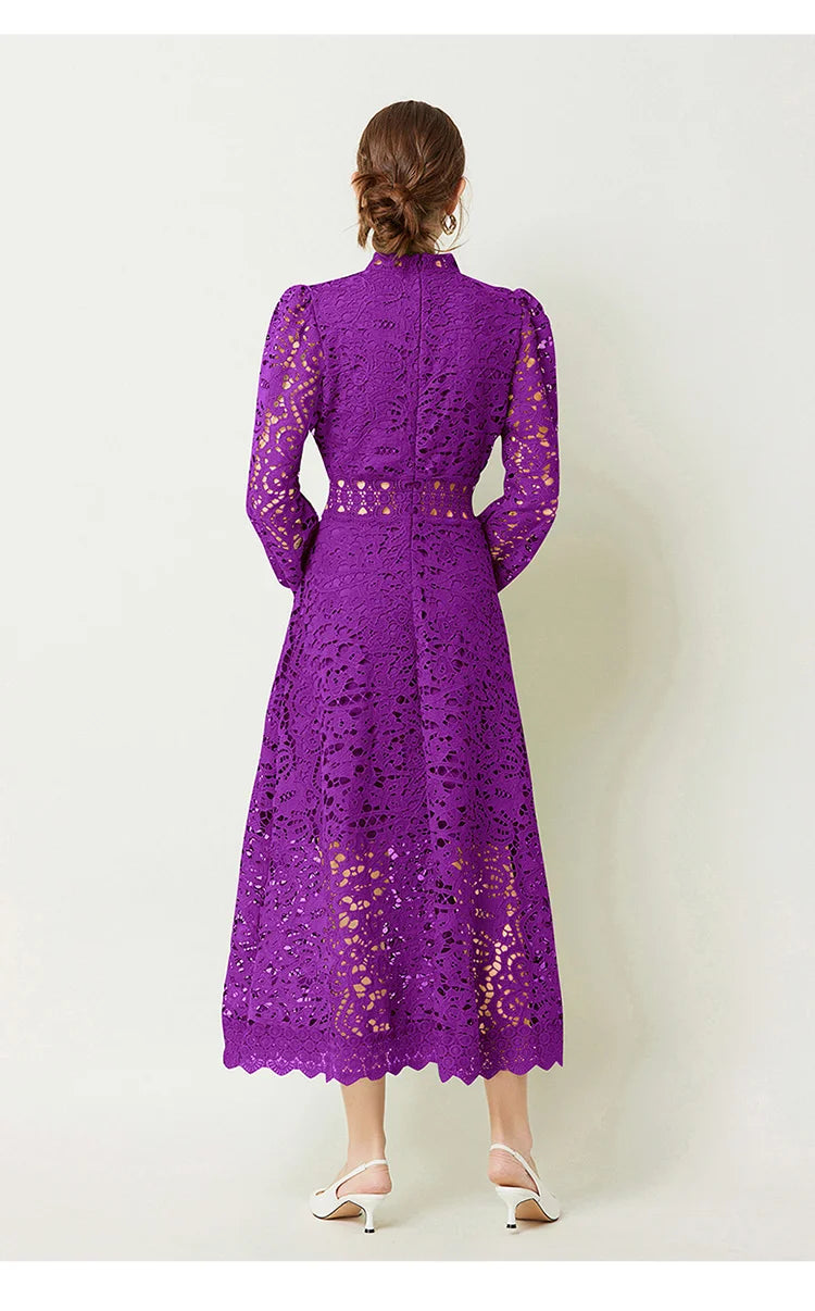 Solid Lace Holloe Out Slimming Elegant Dresses For Women Stand Collar Long Sleeve High Waist Minimalist Dress Female Fashion