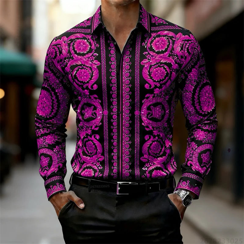 Men's Shirt Luxury Baroque Style Gold Pattern Long Sleeve Shirt Fashion Slim Palace HD Print Shirt AliExpress Hot Sale XS-6XL