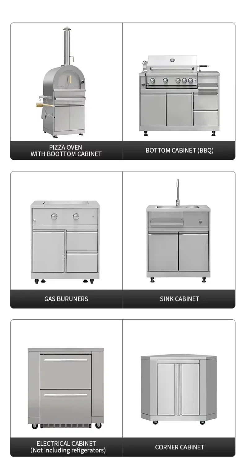 Luxury Outdoor Kitchen Island Set with Built-in Gas BBQ Grill, Pizza Oven & Storage Drawers Prefabricated Patio Cooking Station