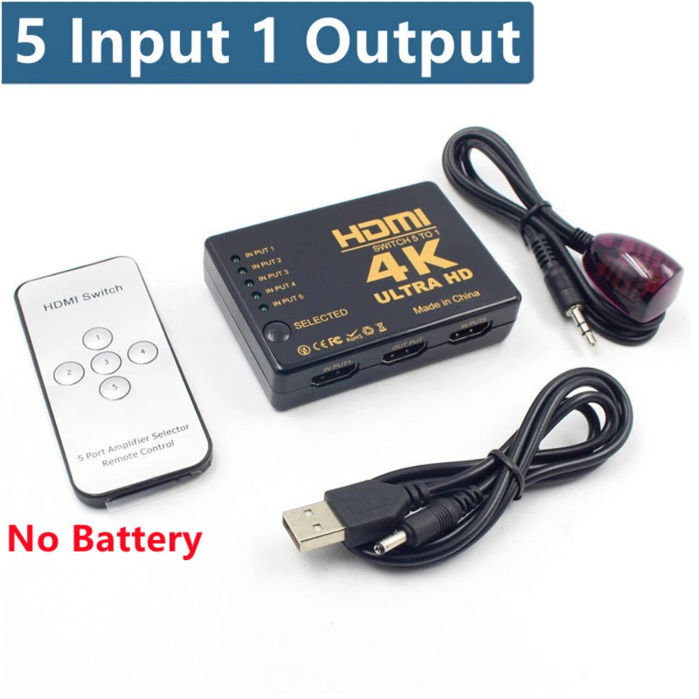5 Input 1 Output HDMI-compatible 4K Video Switcher With IR Remote Controller  HDTV Switches for Xbox PS4 DVD HDTV PC Laptop TV
