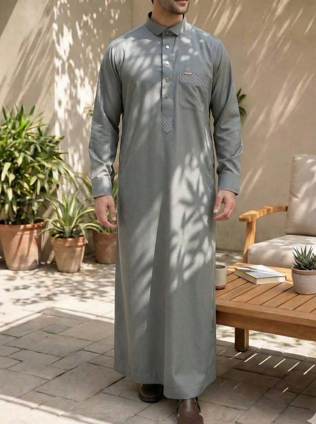 Apricthobe Middle Eastern men's side-pocket robe and jubba Thawb men's plus-size Muslim casual embroidered Arab robe