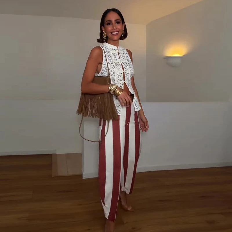 Casual Women's Red Striped Pants Button Zipper Double Pockets Straight Straight Leg Trouser 2026 Spring Summer Fashion Lady Pant