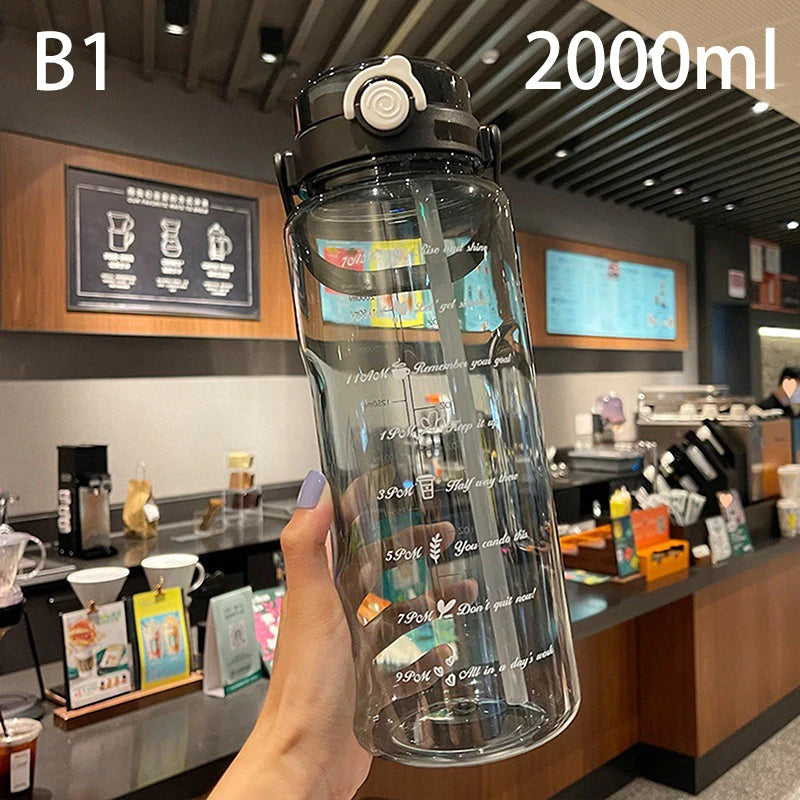 1.5/2Liter Sport Straw Water Bottle With Time Scale Plastic Summer Cold Juice Water Cup Large Capacity Portable Travel Bottles