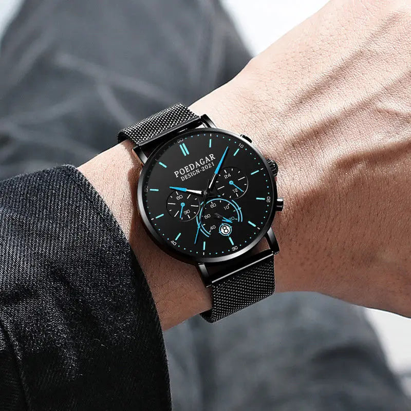 POEDAGAR Men Watch Fashion Chronograph Slim Stainless Steel Mesh Quartz Men's Wristwatch Waterproof Luminous Date Sport Watch
