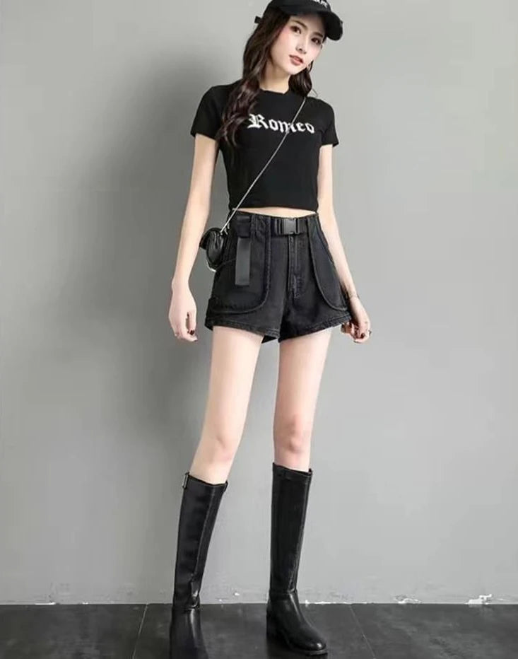 Punk Womens Denim Shorts Cargo Black Biker Short Pants For Women To Wear With Waist Pocket Outdoor Offer High Quality Hot Jeans