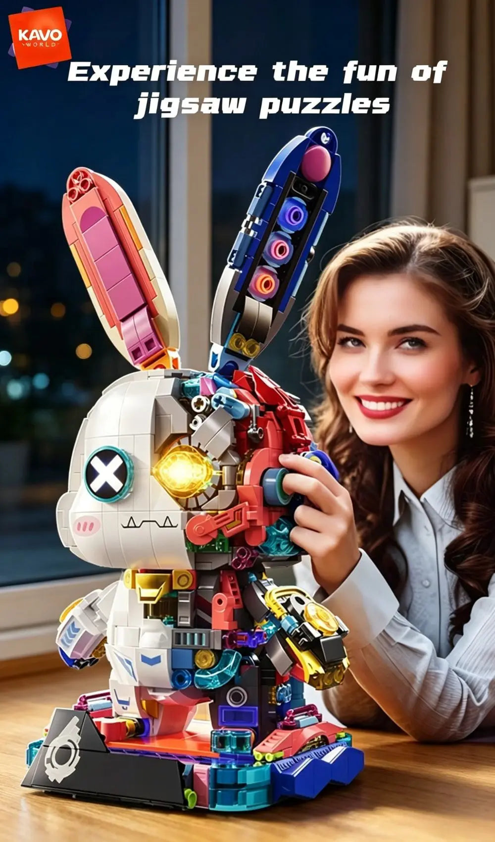 KAVOWORLD 1377PCS Robot Rabbit Building Blocks Set LED Light Up Multi-Point Rotatable Detachable Base DIY Cyberpunk Mecha Building Rabbit Bricks Kit Mechanical Bunny Construction Toy for Home Office Desk Decor Christmas Birth