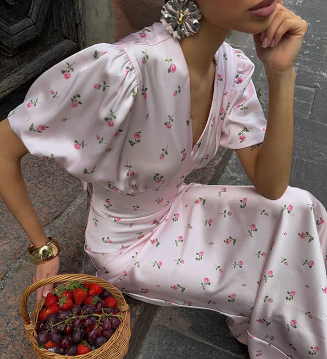 Casual Print Long Slim Dress Women Short Puff Sleeve Closed Waist V-neck Dresses Female 2026 Summer Autumn Lady Robes Chic