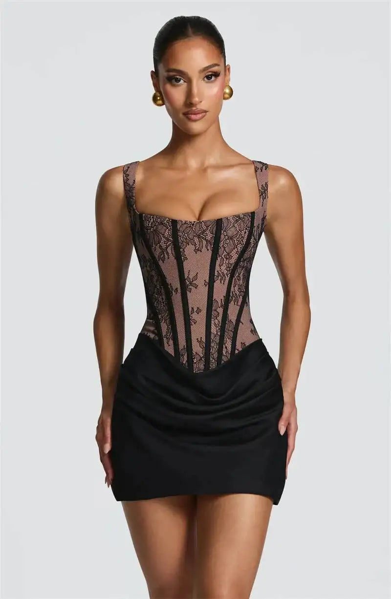 Mozision Lace Corset Mini Dress Women Square Neck Wide Strap Ruched Satin Bodycon Short Dress Club Party Cocktail Vestidos