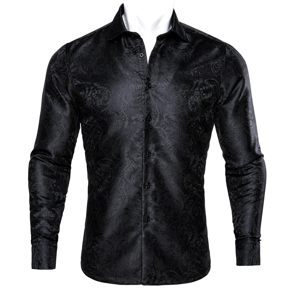 Barry.Wang Luxury Silk Mens Shirts Jacquard Floral Long Sleeve Formal Casual Breathable Male Blouses Wedding Business Prom Gift