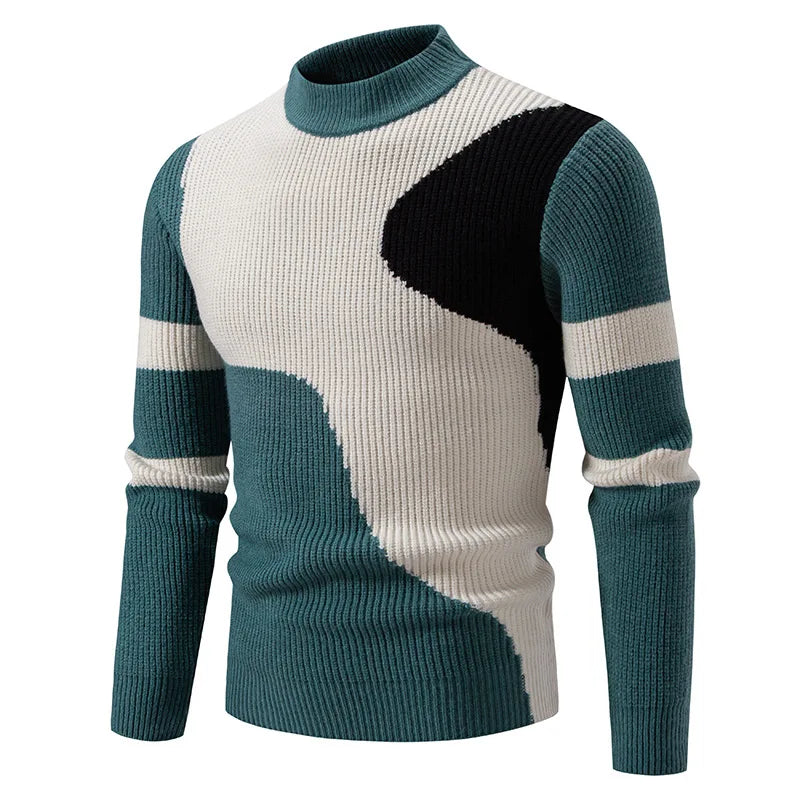 High Quality Men's New Autumn Winter Sweaters Casual Warm Mock Neck Pullovers Trend Color Blocking Design Men Sweaters Knit Tops