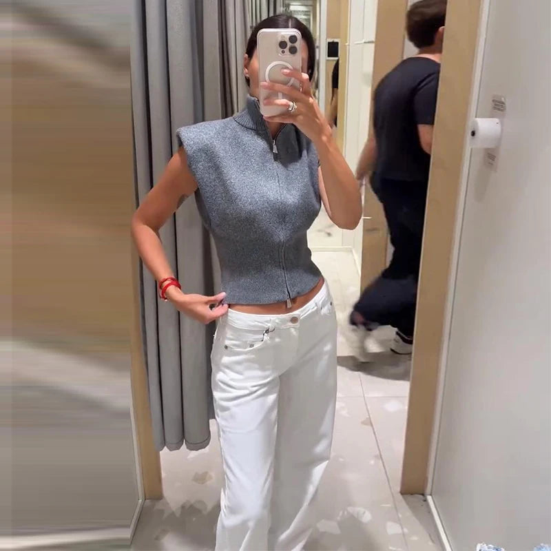 Elegant Knitted Zipper Women's Sweater Solid Full Sleeve Stand Collar Loose Open Stitch Female 2026 Fashion Autumn Outwear Lady