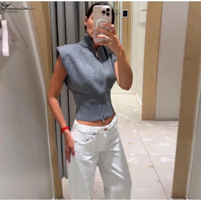 Women's Double Zipper Knit Vest Stand Collar Shoulder Pad Sleeveless Slim Cropped Sweater 2026 Autumn All-match Casual Outfits