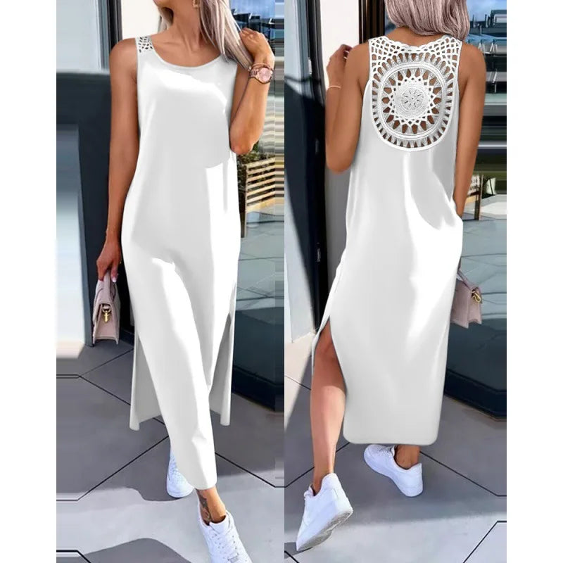 Summer Casual Temperament Fashionable Slim Fit Solid Color Round Neck A-line Skirt Lace Lace Lace Back Sleeveless Slit Dress