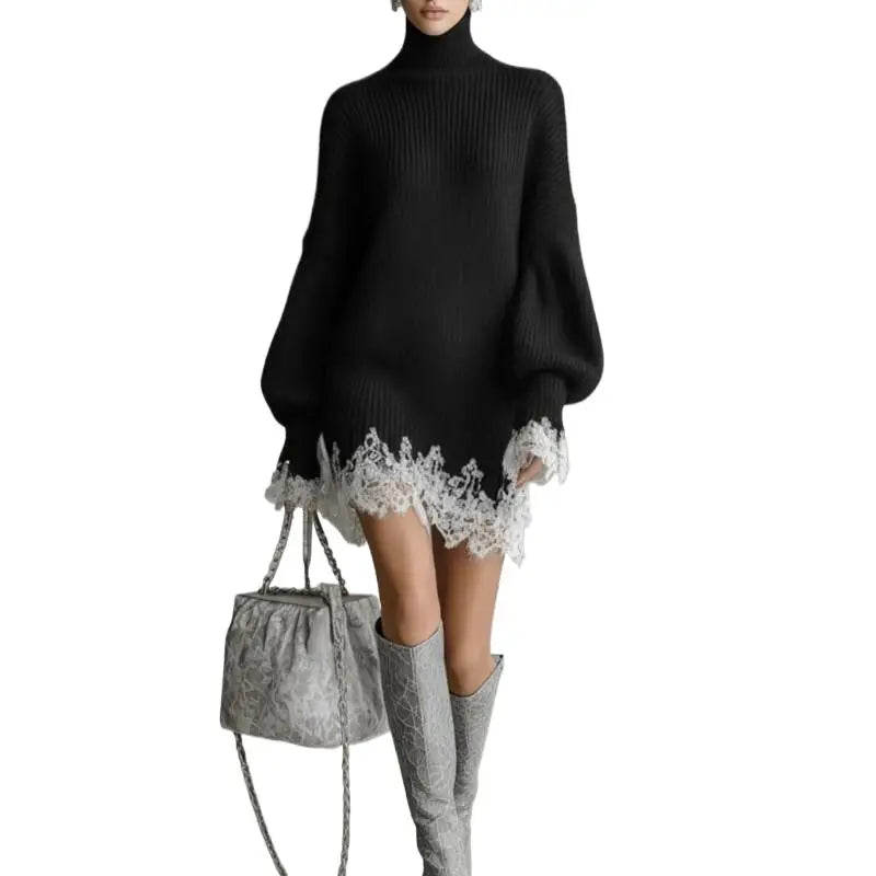 Knitted Sweater Dress For Women Autumn Winter Casual Solid High Neck Dresses Lady Fashion Lace Hem Splicing Loose Mini Vestidos