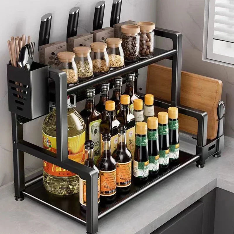 Kitchen Spice Rack Organizer, 3 Tier Adjustable Metal Storage with Knife Holder Hooks Black
