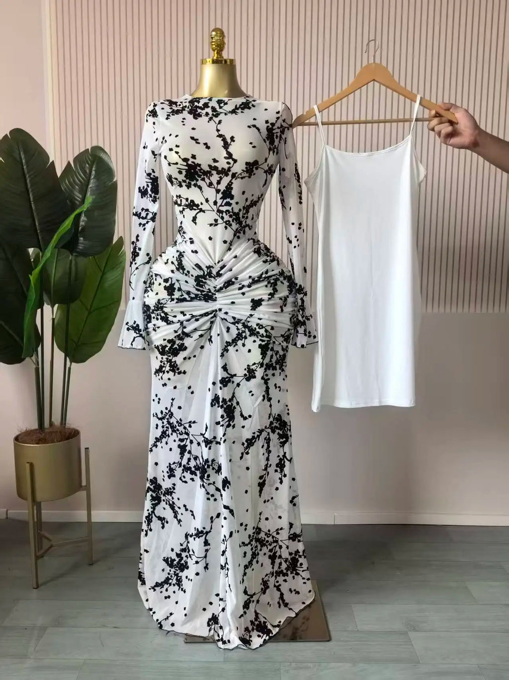 CM.YAYA Women Long Sleeve Ruched Mesh See Though with Lining Bodycon Long Dress 2025 Fall Evening Birthday Sexy Party Dresses
