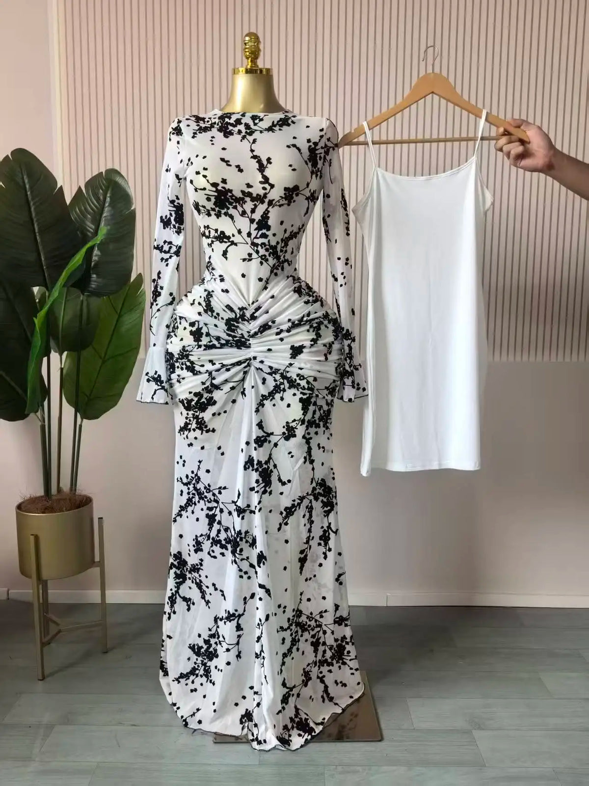 CM.YAYA Women Long Sleeve Ruched Mesh See Though with Lining Bodycon Long Dress 2025 Fall Evening Birthday Sexy Party Dresses