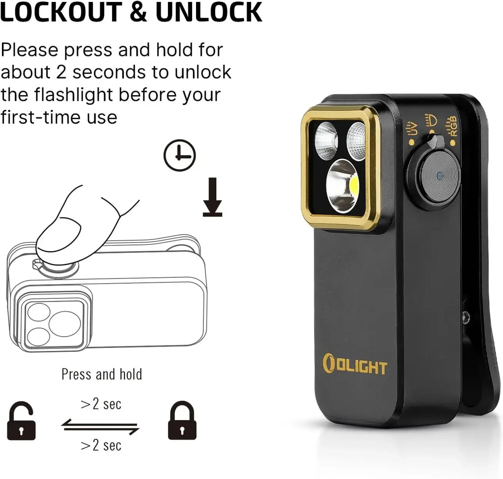 OLIGHT Oclip Pro S EDC Flashlight Clip-on Light, 600 Lumens Type-C Rechargeable with White LED, UV and RGB, Flash Lights