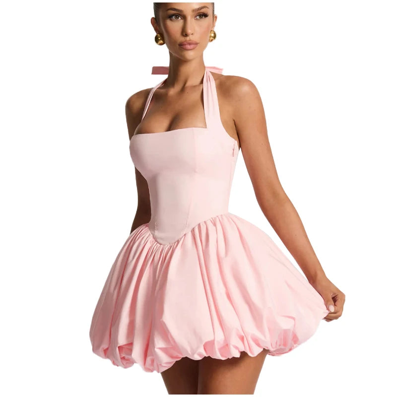 Sexy Halter Pleated Bud Mini Dress Women Sleeveless Tube Top Backless Bandage Solid Party Dresses 2026 Summer Fall Evening Robe