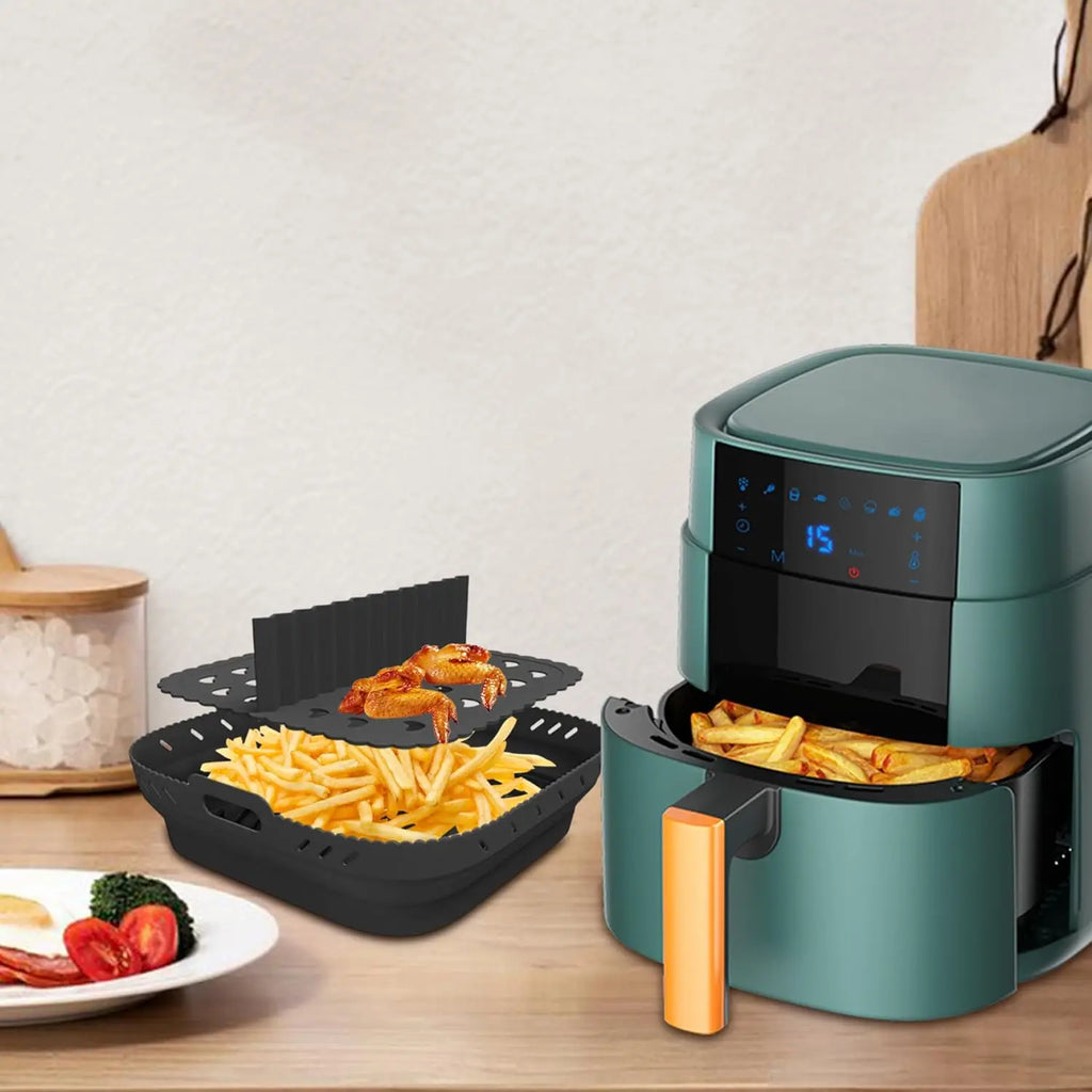 Square Silicone Air Fryer Liner with Divider Non-Stick Easy to Clean Dishwasher Safe Food Riser Holder