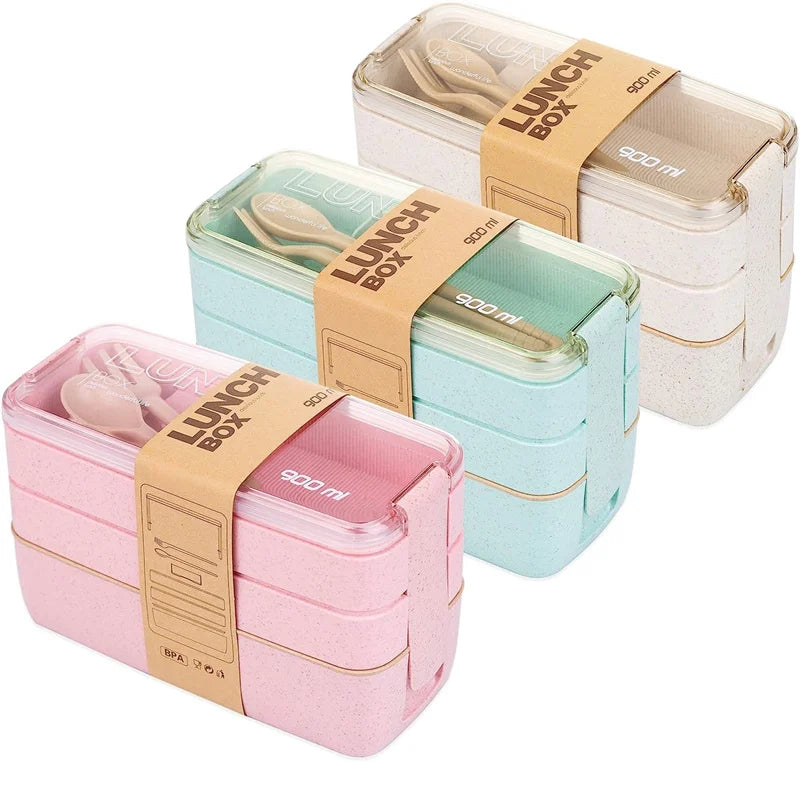 3-In-1 Compartment Wheat Straw Bento Box Reusable Tableware Lunch Containers Meal and Snack Food Containers Portable Lunch Box