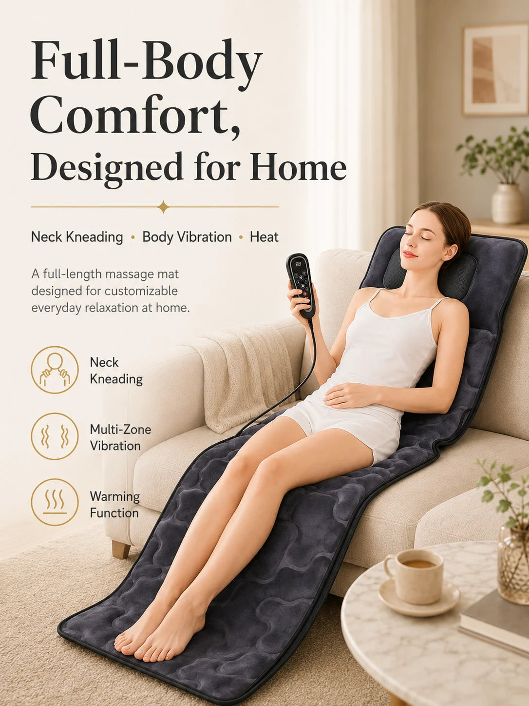 Full Body Massage Mat Foldable Neck Kneading 10 Motor Vibration Heat Shiatsu Electric Massage Cushion 9 Modes Wired Remote Home