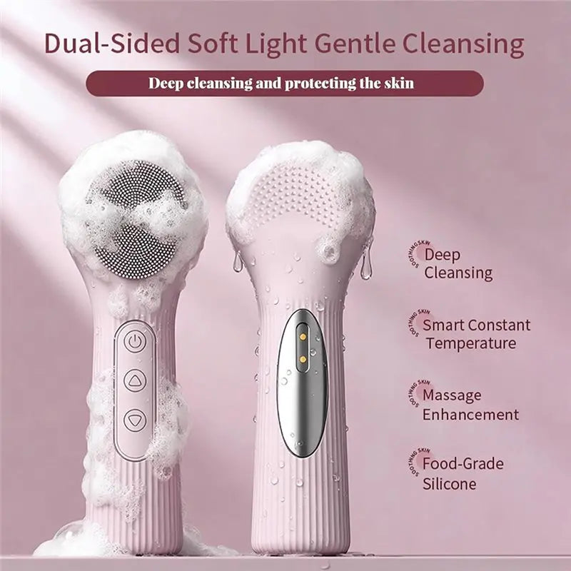 B15C Waterproof Electric Facial Cleansing Brush, 2-In-1 Silicone Face Scrubber Featuring Heat Massage Function For Women