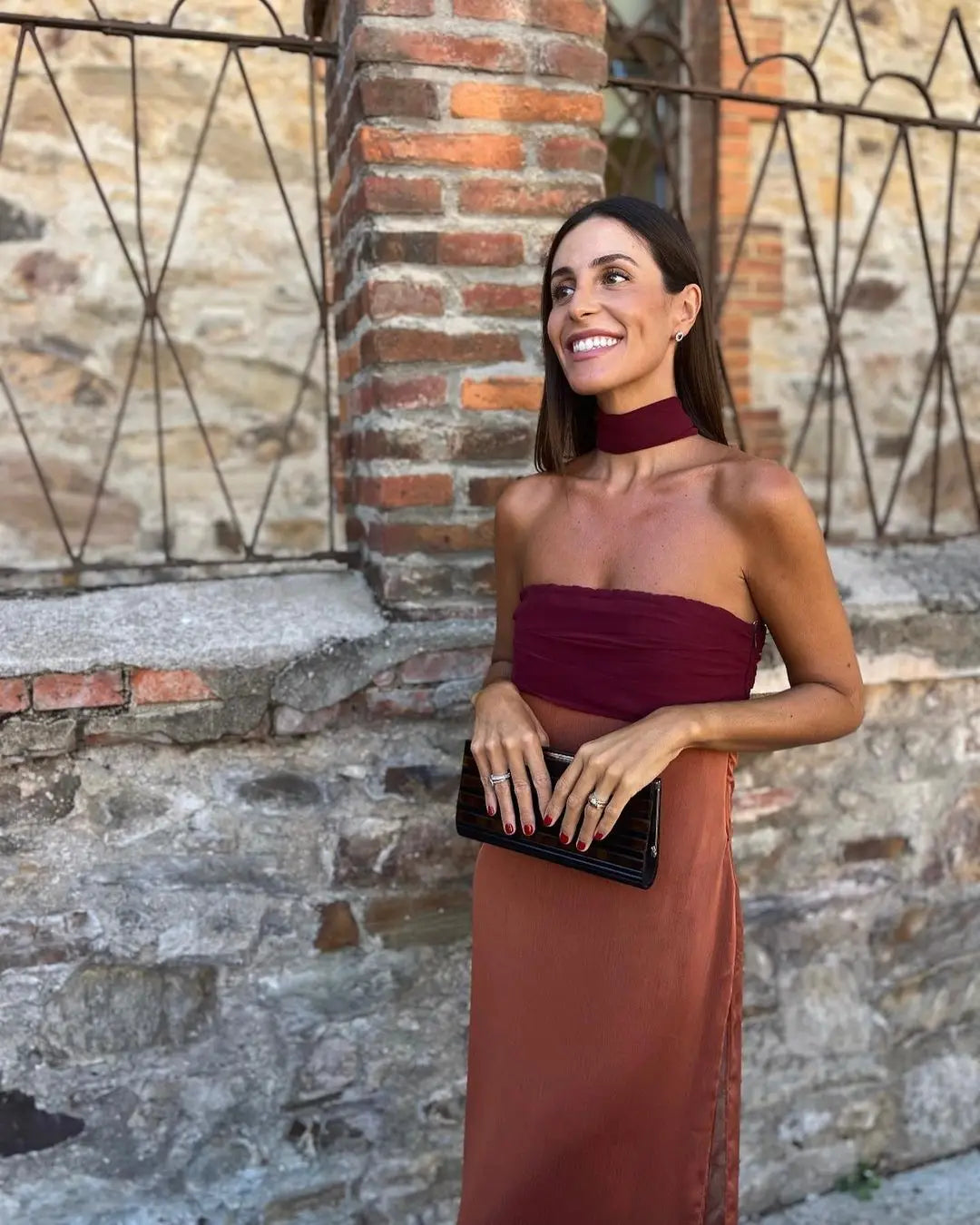Color Blocking Scarf Collar Suspender Women Maxi Dress Spaghetti Strap High Split Floor Length Evening Dresses Lady Party Robes