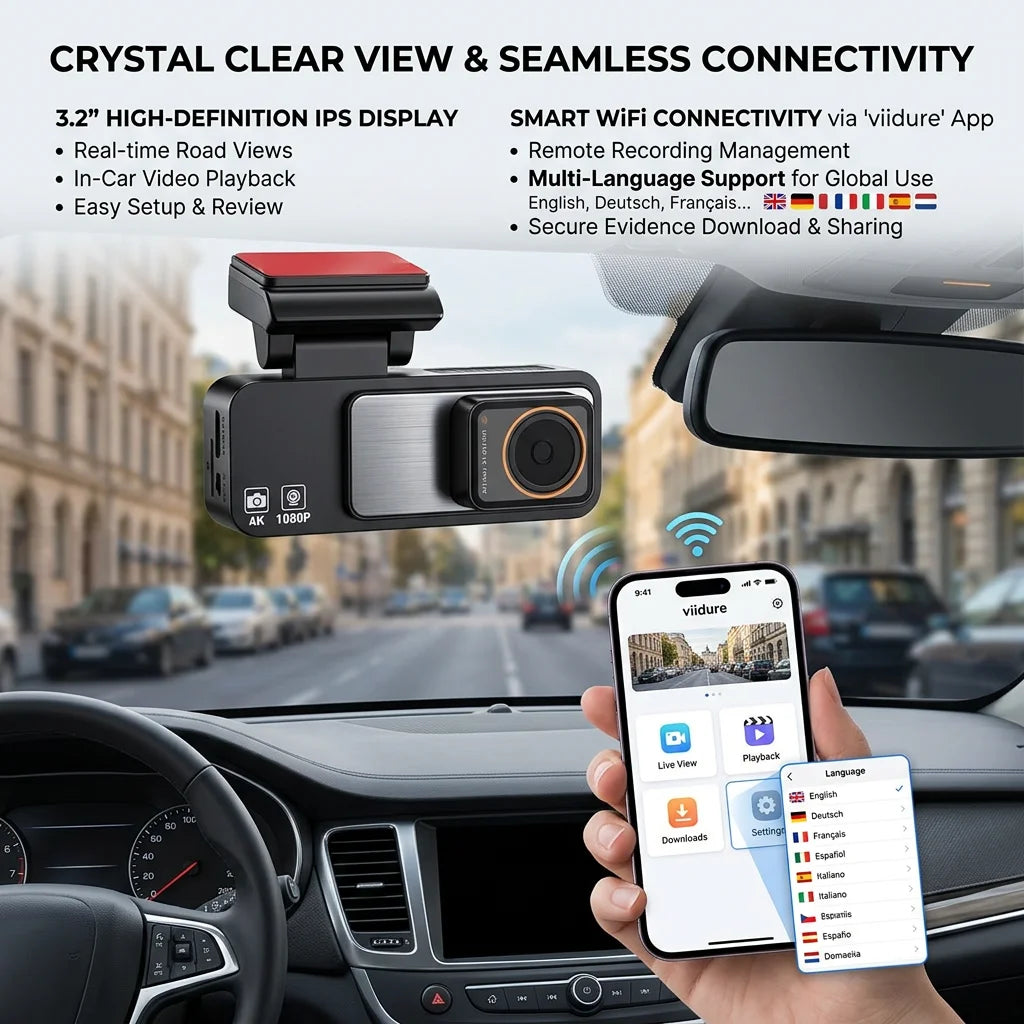 Dash Cam Dual Lens 4K UHD Recording Car DVR GPS WDR Night Vision Video Recorder Wi-Fi Room Black Box 1080P Rear View Camera