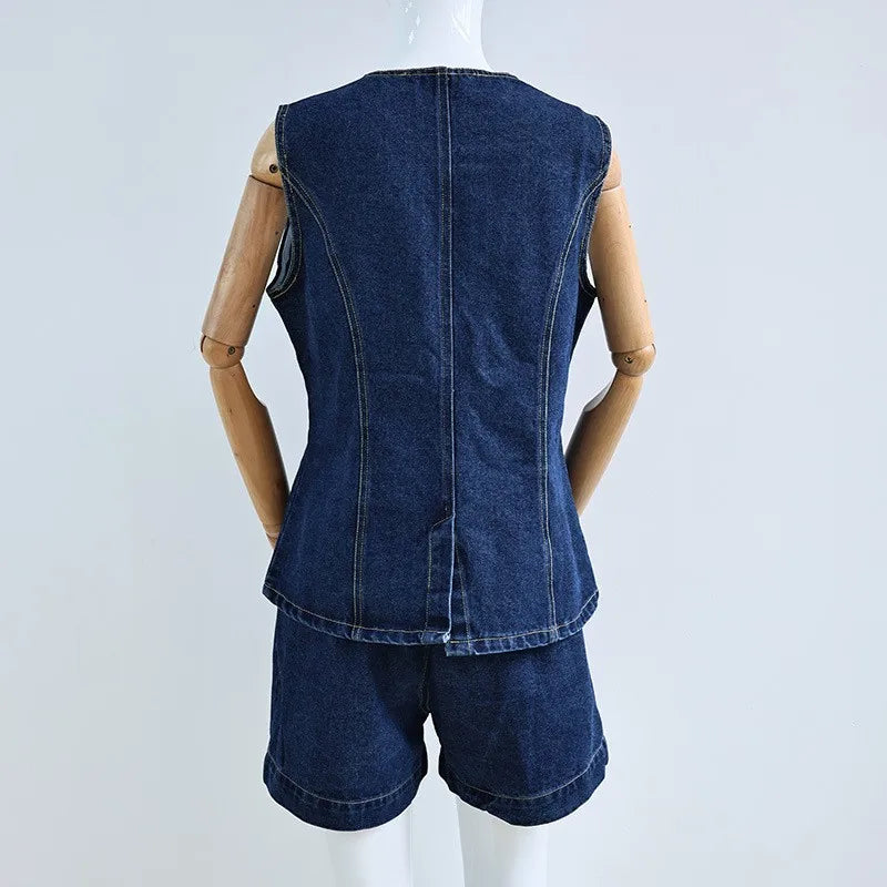 2026 Denim Shorts Suit Women Streetwear Outfits Distressed Top Sleeveless Round Collar Single Breasted Short Pants 2 Piece Sets